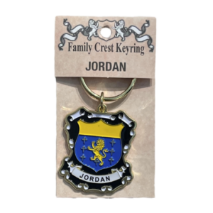 alt= a family crest keychain depicting the Jordan family crest