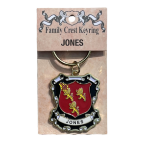 alt= a family crest keychain depicting the Jones family crest