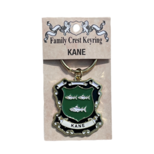 alt= a family crest keychain depicting the Kane family crest