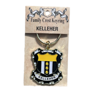 alt= a family crest keychain depicting the Kelleher family crest