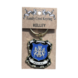 alt= a family crest keychain depicting the Kelley family crest