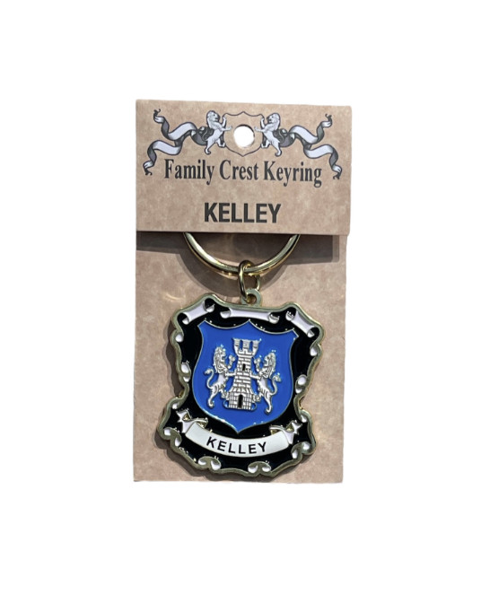alt= a family crest keychain depicting the Kelley family crest
