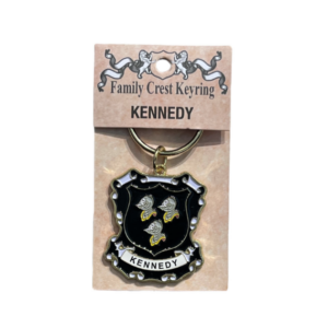 alt= a family crest keychain depicting the Kennedy family crest
