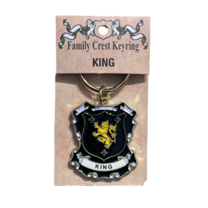 alt= a family crest keychain depicting the King family crest