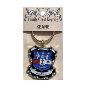 alt= a family crest keychain depicting the Keane family crest