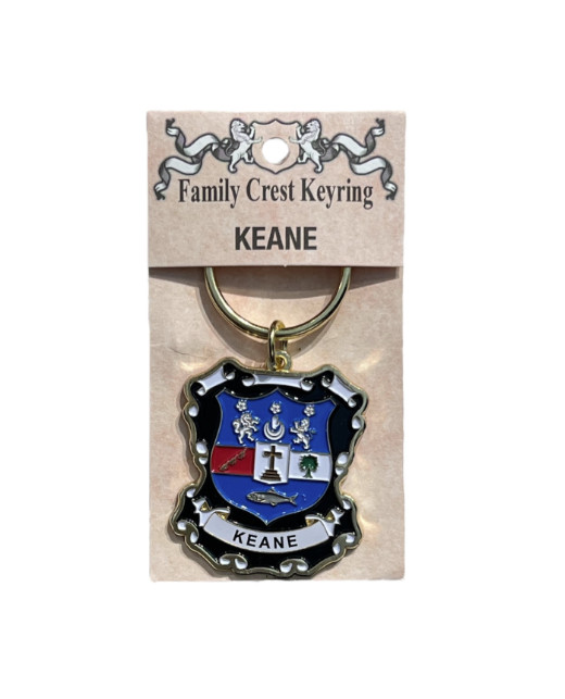 alt= a family crest keychain depicting the Keane family crest