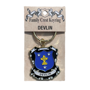 alt= a family crest keychain depicting the Devlin family crest