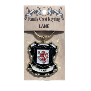 alt= a family crest keychain depicting the Lane family crest