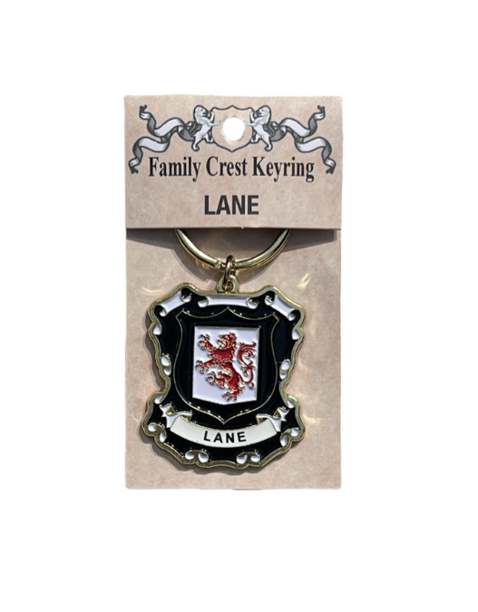 alt= a family crest keychain depicting the Lane family crest