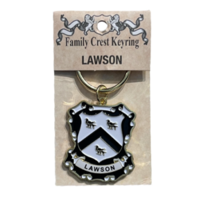 alt= a family crest keychain depicting the Lawson family crest