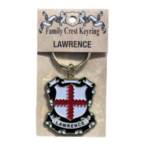 alt= a family crest keychain depicting the Lawrence family crest