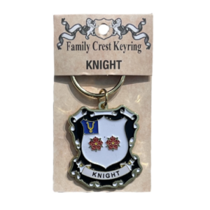 alt= a family crest keychain depicting the Knight family crest