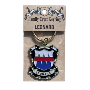 alt= a family crest keychain depicting the Leonard family crest