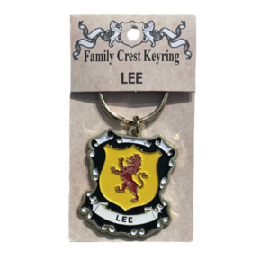 alt= a family crest keychain depicting the Lee family crest