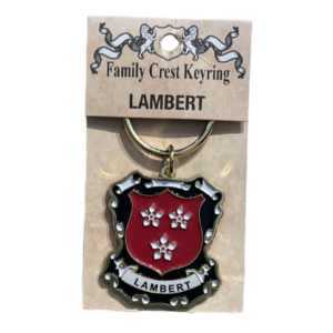 alt= a family crest keychain depicting the Lambert family crest