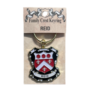 alt= a family crest keychain depicting the Reid family crest