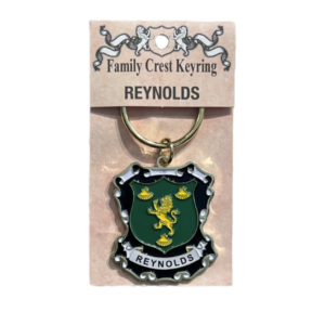 alt= a family crest keychain depicting the Reynolds family crest