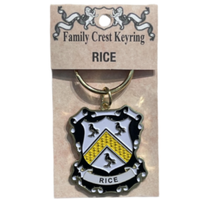 alt= a family crest keychain depicting the Rice family crest