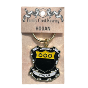 alt= a family crest keychain depicting the Hogan family crest