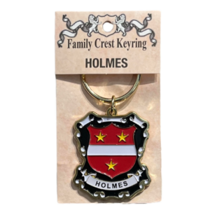 alt= a family crest keychain depicting the Holmes family crest