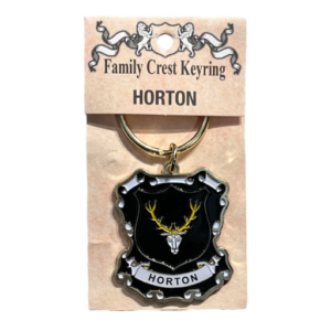 alt= a family crest keychain depicting the Horton family crest