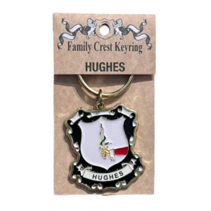 alt= a family crest keychain depicting the Hughes family crest