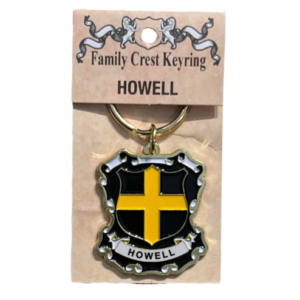 alt= a family crest keychain depicting the Howell family crest