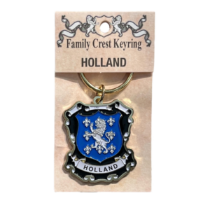 alt= a family crest keychain depicting the Holland family crest