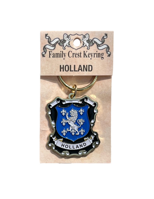 alt= a family crest keychain depicting the Holland family crest