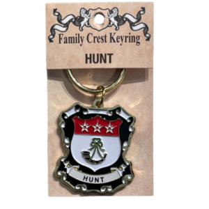 alt= a family crest keychain depicting the Hunt family crest