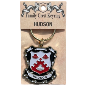 alt= a family crest keychain depicting the Hudson family crest
