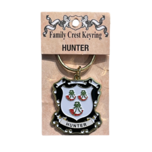 alt= a family crest keychain depicting the Hunter family crest