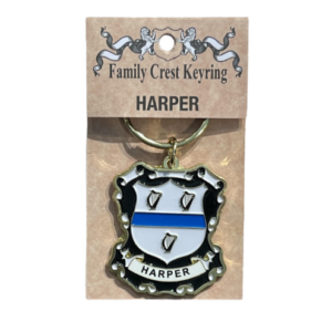 alt= a family crest keychain depicting the Harper family crest