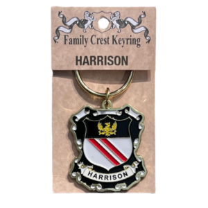 alt= a family crest keychain depicting the Harrison family crest