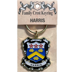 alt= a family crest keychain depicting the Harris family crest