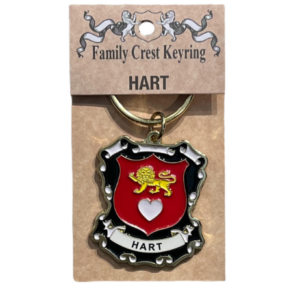alt= a family crest keychain depicting the Hart family crest on a white background