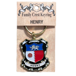 alt= a family crest keychain depicting the Henry family crest