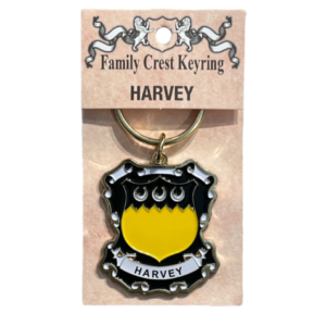 alt= a family crest keychain depicting the Harvey family crest