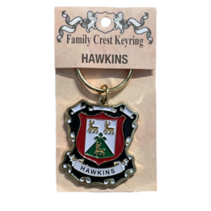 alt= a family crest keychain depicting the Hawkins family crest