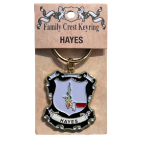 alt= a family crest keychain depicting the Hayes family crest