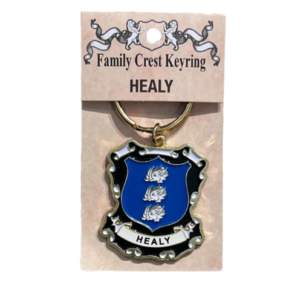 alt= a family crest keychain depicting the Healy family crest
