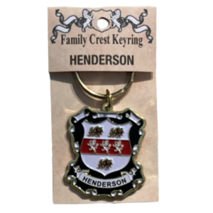 alt= a family crest keychain depicting the Henderson family crest