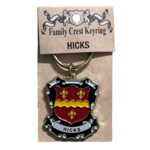 alt= a family crest keychain depicting the Hicks family crest on a white background