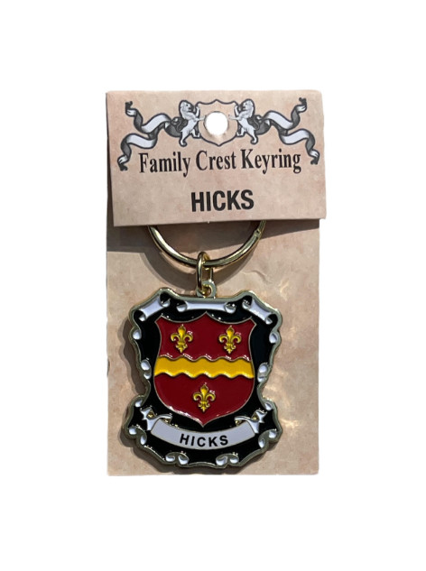 alt= a family crest keychain depicting the Hicks family crest on a white background