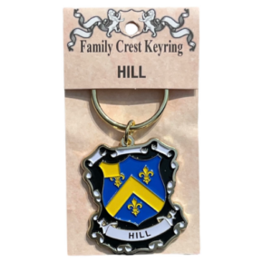 alt= a family crest keychain depicting the Hill family crest on a white background