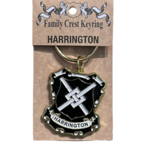 alt= a family crest keychain depicting the Harrington family crest on a white background
