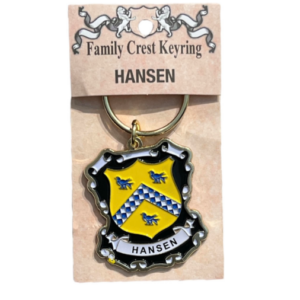 alt= a family crest keychain depicting the Hansen family crest on a white background