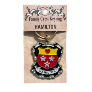 alt= a family crest keychain depicting the Hamilton family crest on a white background