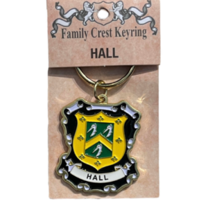 alt= a family crest keychain depicting the Hall family crest on a white background