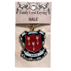alt= a family crest keychain depicting the Hale family crest on a white background